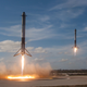 Falcon Heavy side boosters landing in tandem during the demo mission on February 6, 2018.